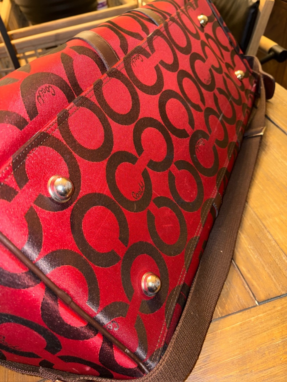 Coach Op Art Weekender Duffel Travel Bag Red Burgundy Brown Canvas F20124 - Picture 8 of 9